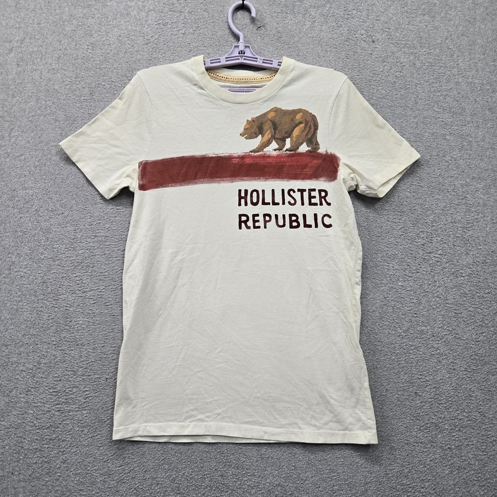 Hollister Men Shirt M Cream Graphic Bear Logo Short Sleeve Y2K